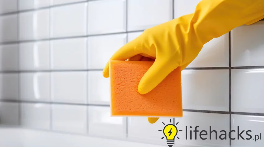 Usuwanie fugi z płytem domowymi sposobami krok po kroku Gąbka na tle ściany z płytkami oraz usuwanie fugi z płytek krok po kroku