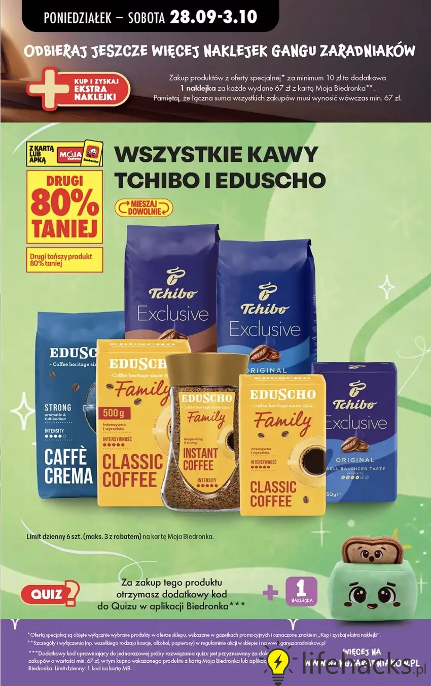 Wszystkie kawy Tchibo i Eduscho z rabatem "drugi 80% taniej" Promocje w Biedronce